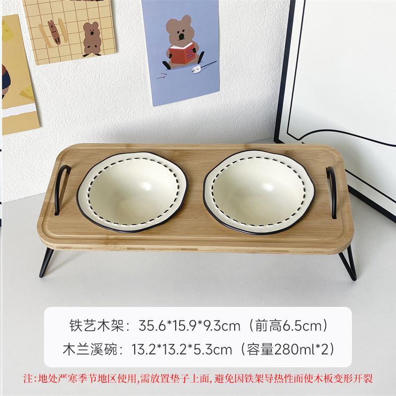 

Ceramic Detachable Bamboo Double Cat Dog Bowl Elevated Anti Spill Food Water Dish Neck Protection Pet Feeding Bowl Stable Base