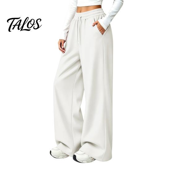 Wrinkle Resistant Casual Pants Women Wide Leg for Fall Winter, Drawstring Elastic Waist Loose Fit Trousers, Solid Color Straight Legs Trousers