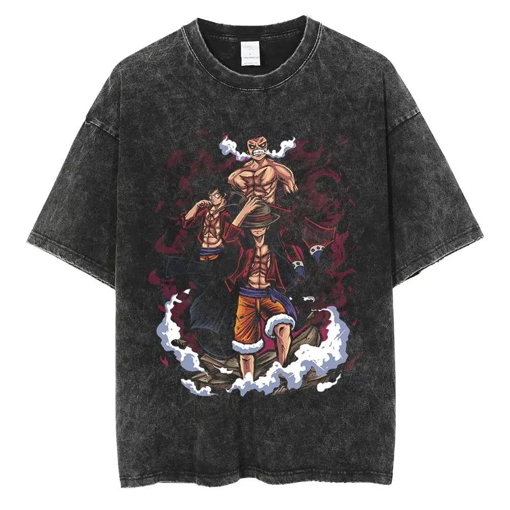 Harajuku Fashion Vintage TShirt Japanese ONE PIECE Anime Graphic Oversize T Shirt Washed Tshirt Men Summer Cotton Tops Tees
