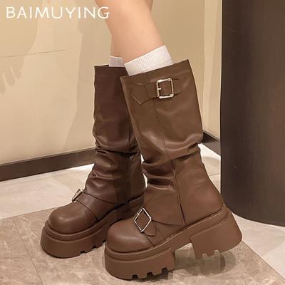 Platform Women High Boots Designer Leather Buckle Mid Heels Shoes 2025 Trend Mid Calf Chunky Pumps Winter Motorcycle Botas Mujer