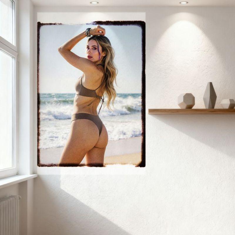 Sexy Blonde Woman Beach Pose Vintage Tin Sign High-Cut Bikini Purple Streak Wrist Bracelet Ocean Scene Metal Poster for Home Bar