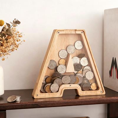 Wooden Piggy Bank with Clear Window, A-Z Letter Coin Cash Container for Kids Adults, Unbreakable Money Saving Box Decoration