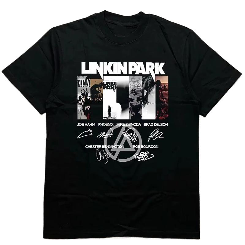 

2025 Хлопковая мужская черная футболка с графикой на тему Linkin Park и подписями участников, термотрансферная печать, летняя, повседневная, в стиле Y2k, горячая M