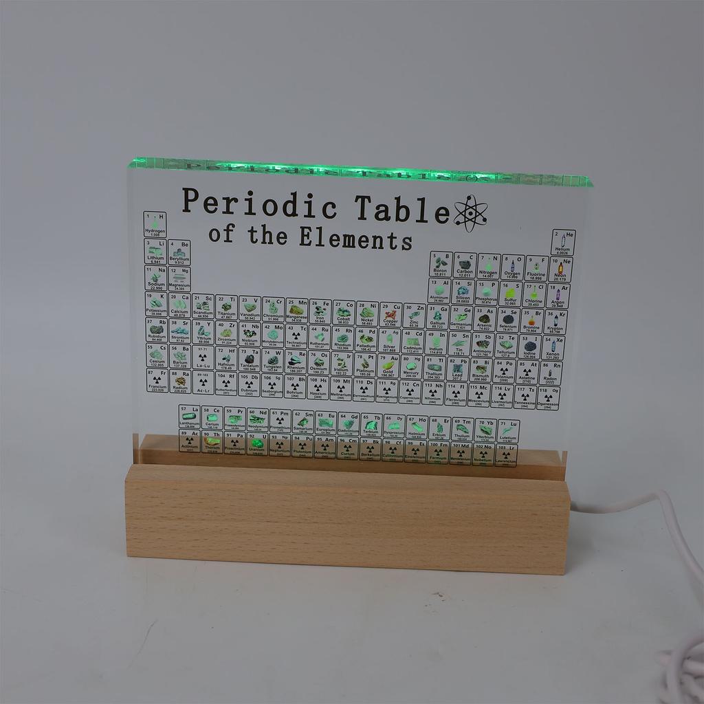 Periodic Table of Elements Clear Acrylic Plate with Wooden Base Colorful Light Chemistry Elements Decor for Students