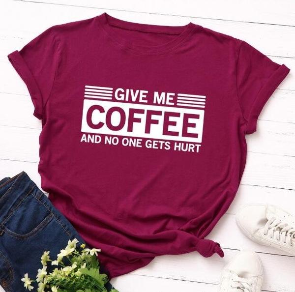 

Give Me Coffee Letter Print T Shirt Women Short Sleeve O Neck Loose T Shirt Summer Women Tee Shirt Tops Camisetas Mujer XXXL бордовый