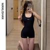 Women's Black Racing One-Piece Swimsuit with Concealing Briefs - Slimming, Conservative Swimwear for Slightly Overweight Women, Ideal for Pool Use