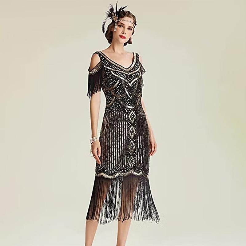 Women's 1920s Gatsby Flapper Dress, Vintage Sequin Fringe V-Neck Cocktail Party Dress