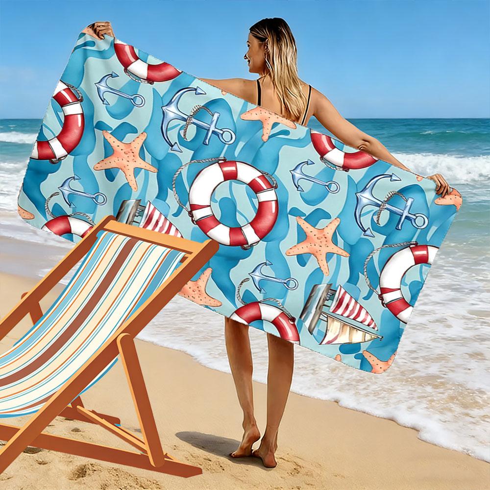 Nautical-inspired Ocean Vibes Print Beach Towel, Quick Drying, Suitable for Travel, Outdoor Sports, Jogging, the Beach and Swimming, Gift