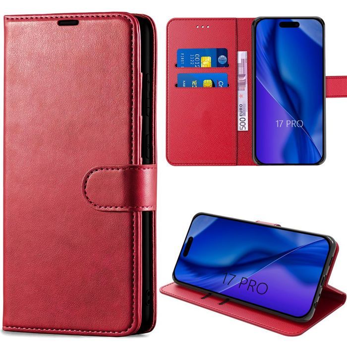 Case for iPhone 17 Pro - BOOLING - Wallet Case Anti-Scratch Shockproof PU Leather Red