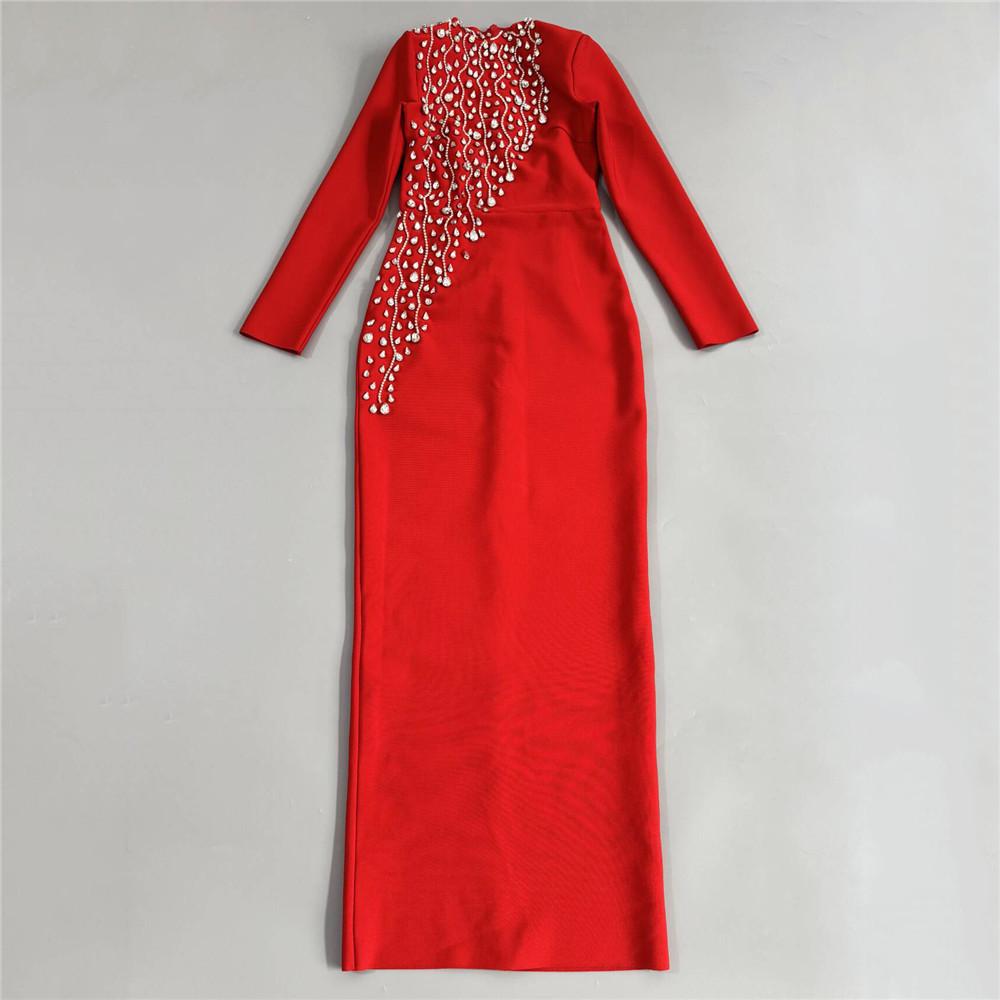 Elegant Hand-Beaded Long-Sleeve Bandage Evening Dress