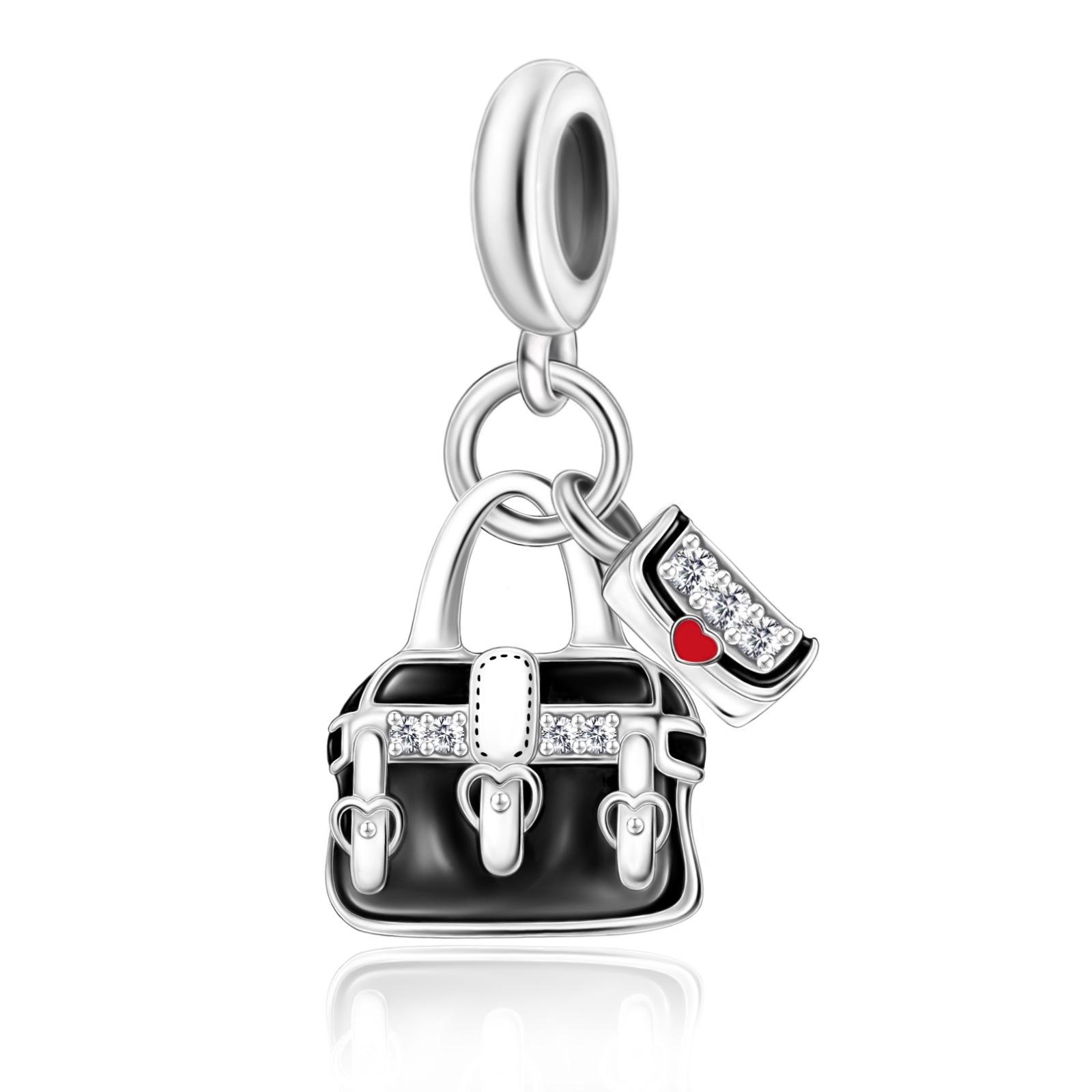 

S925 Silver Elegant Black Two-in-One Mother Daughter Bag for Women with Detachable Charm Bracelet Necklace and DIY Bead Accessories Kit
