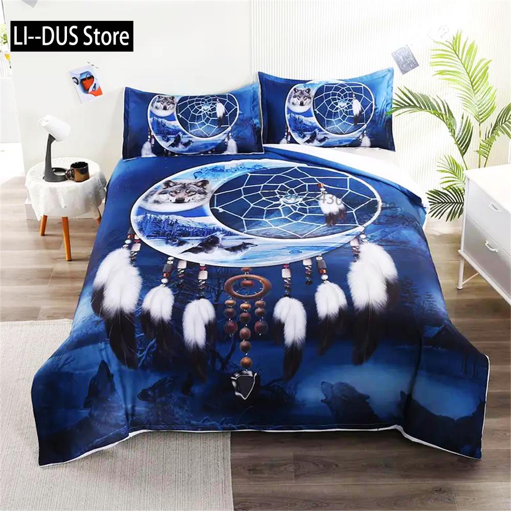 

3pcs Moon Wolf Printed Bedding Set Dreamcatcher National Style Guest Room Duvet Cover Set EU single(135x200cm)