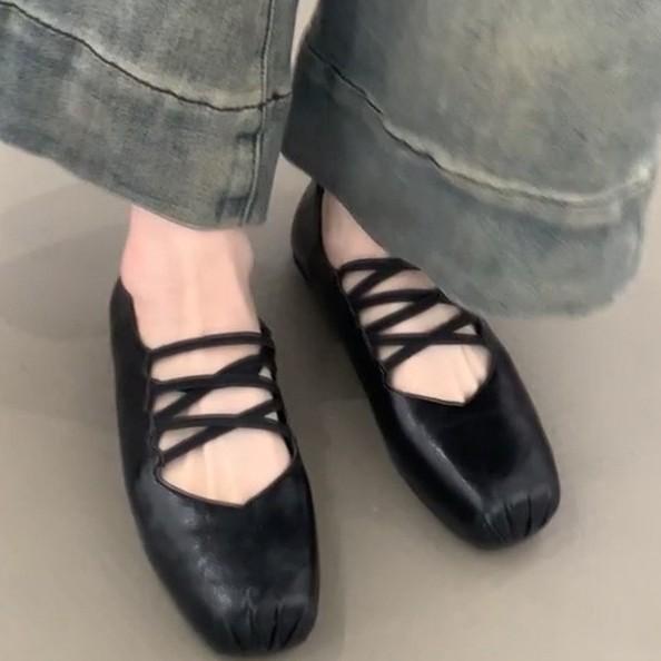 Cowhide Version French Square Head Cross with Pig Nose Mary Jane Shoes Children's Flat-soled Single Shoes Shallow Mouth Soft-soled Ballet Shoes