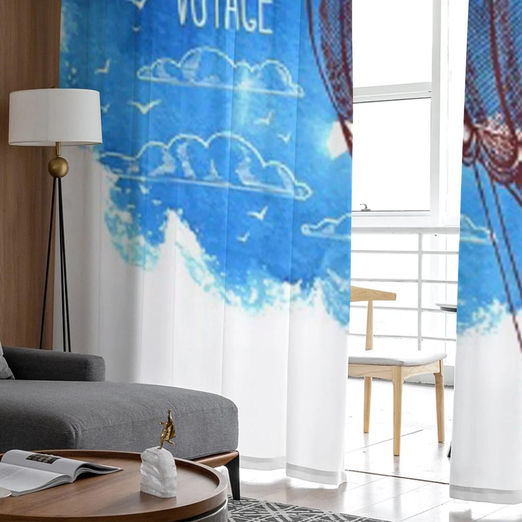 Retro Kort Flygende Ballong Blå Chiffon Gjennomsiktige Gardiner for Stue Soverom Kjøkken Dekorasjon Vindu Voiles Tyllgardin
