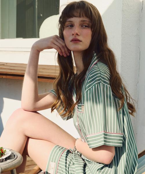 

[Pink Zone] Soft Feel Striped Olivia Short-Sleeve Collar Two-Piece Pajama Set [Shipped from Korea] 100% Authentic M