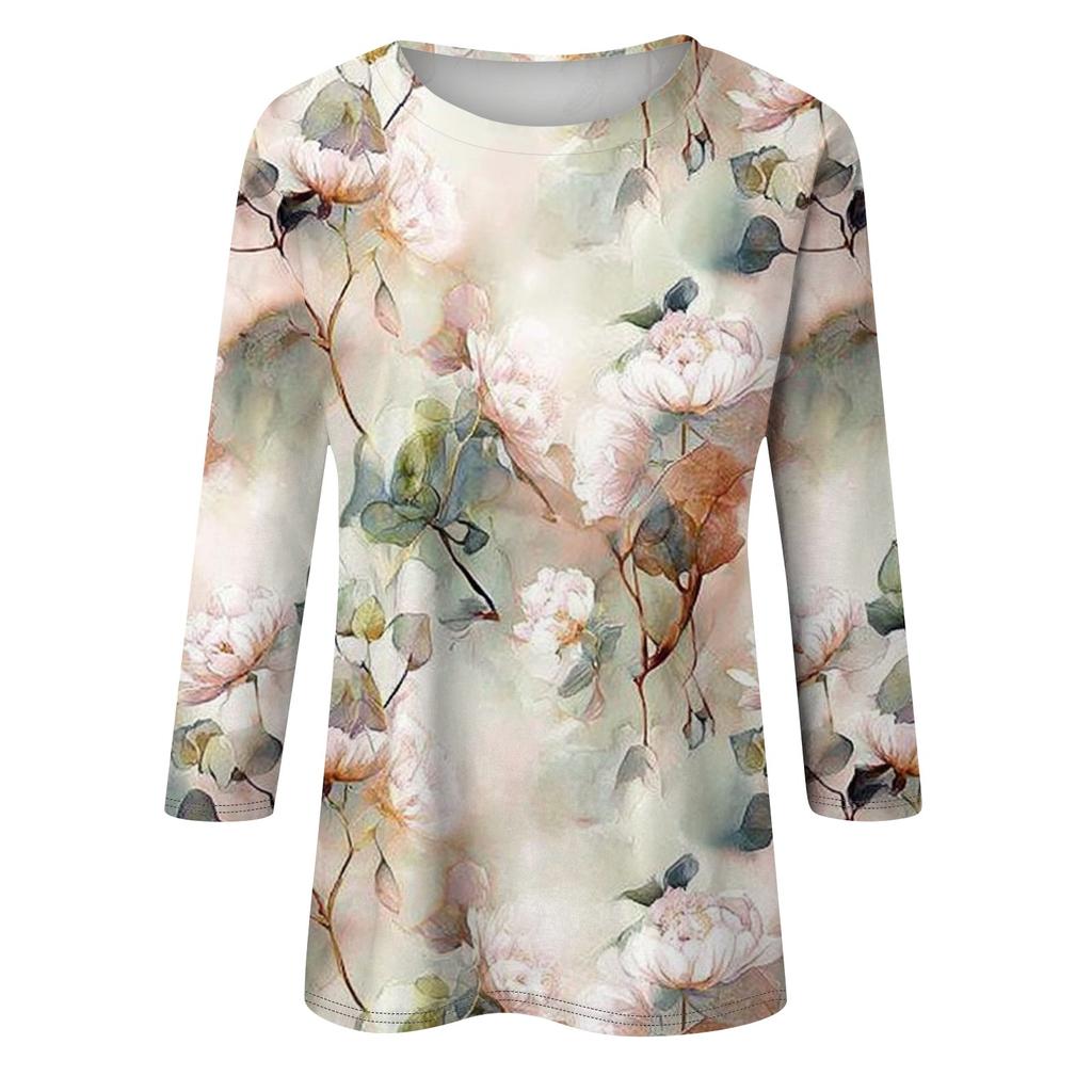 Women's Fashion Casual Round Neck Three Quarter Sleeve Printed T-Shirt Top