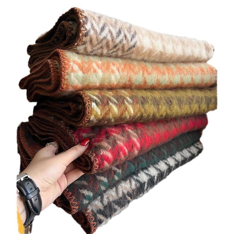 Vintage Czerwony Szal w Kratę Tysiąca Ptaków Damski Zimowy Studencki Ciepły Szal