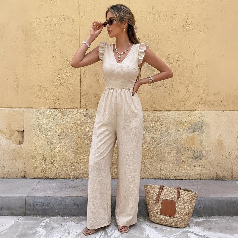 Dressy Bow Tie Back One Piece Jumpsuits for Women Casual Cap Sleeve V Neck Wide Leg Romper Vacation Going Out Outfits