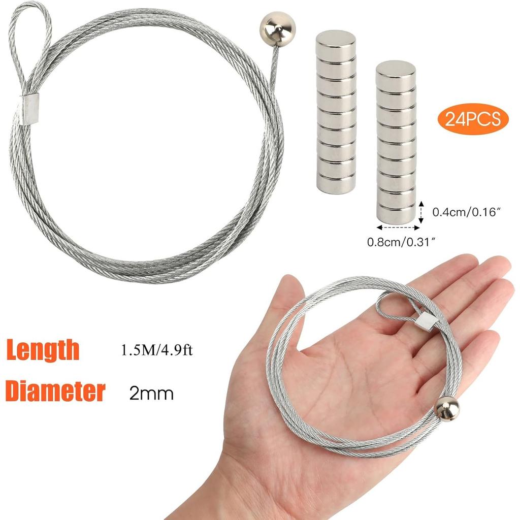 2Pcs Photo Hanging Wire and 24Pcs Mini Magnets, 1.5m(4.9ft) Stainless Steel Magnetic Photo Rope for Bedroom, Office, Wall Home Decor