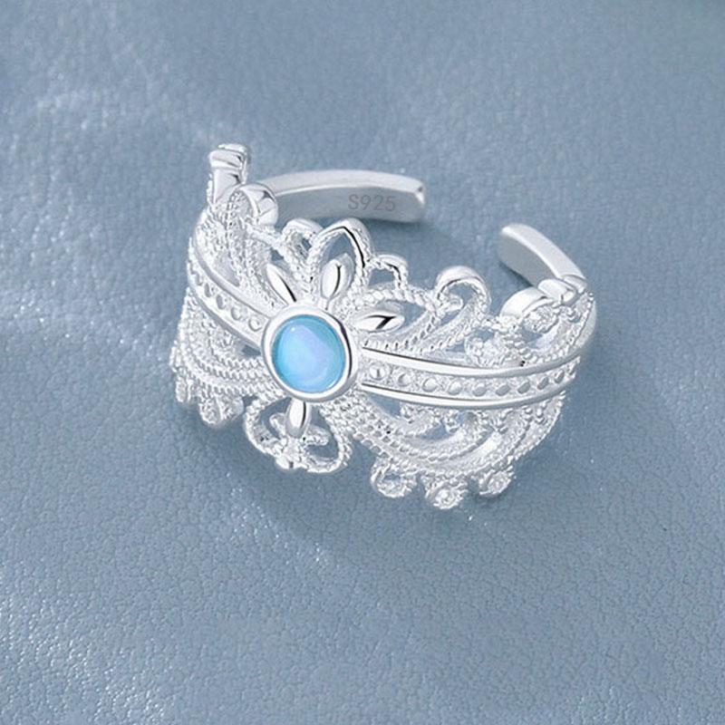 925 Sterling Silver Rings For Women Geometric Fine Jewelry Finger Adjustable Simple Blue Stone Leaf Ring For Party Birthday Gift