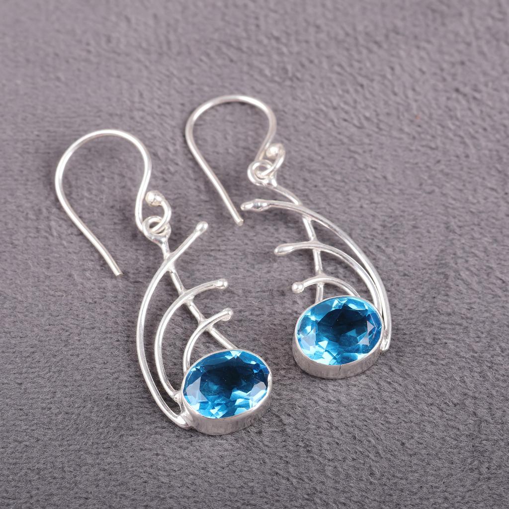 Swiss Blue Topaz Earrings Gemstone, 925 Solid Sterling Silver Earrings Jewelry, Handmade Pendant, Silver Jewelry For Gift