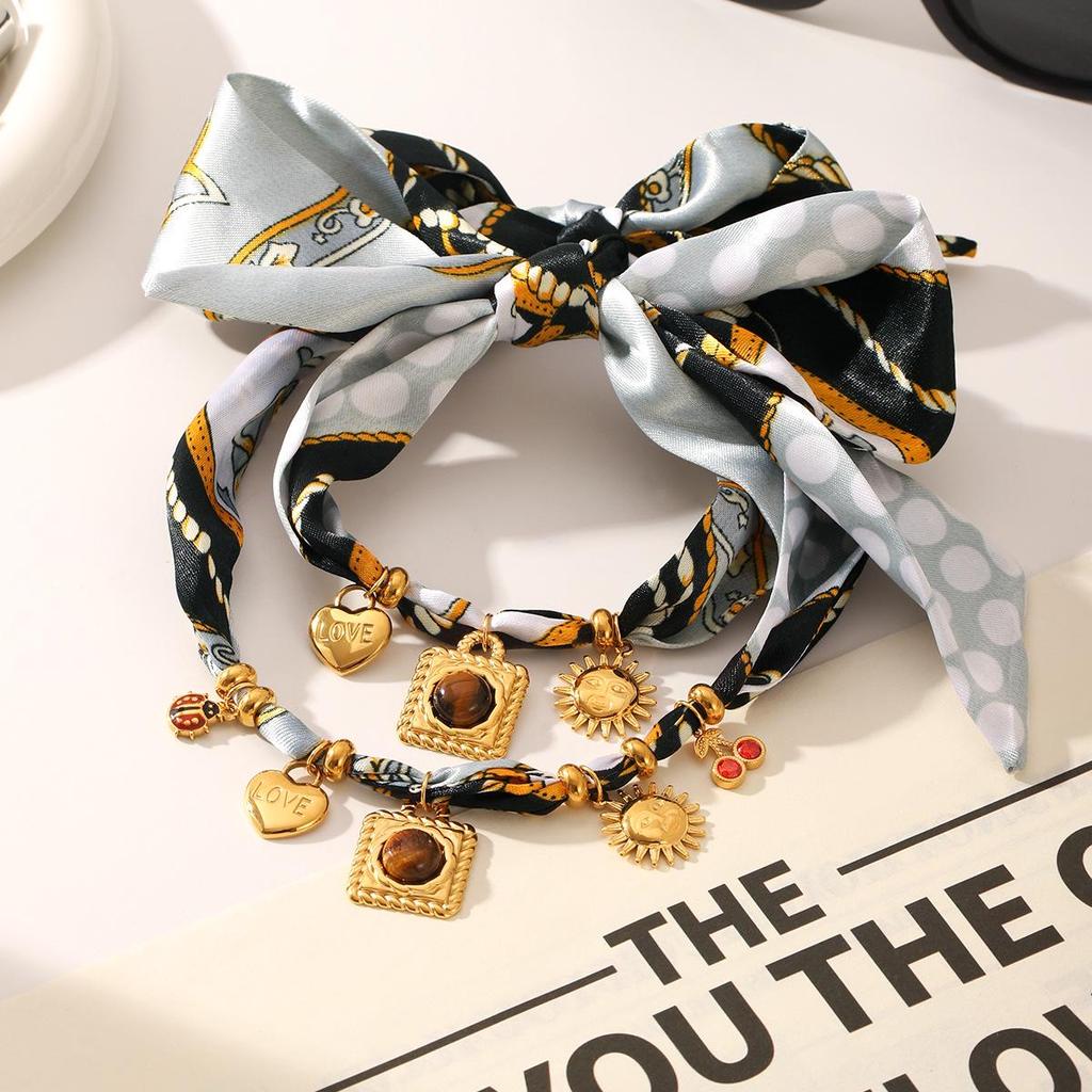 Stainless Steel Heart Pendant Jewelry Set with Tiger's Eye Vintage Necklace and Ribbon Chain Bracelet