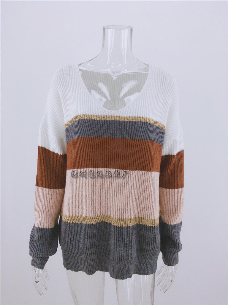 Autumn and winter striped new striped knitted sweater women's European and American knitted V-neck knitted pullover sweater women