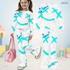 Girls Round Neck Long Sleeve Blue Pink Printed Flared Pants Two Piece Outfit