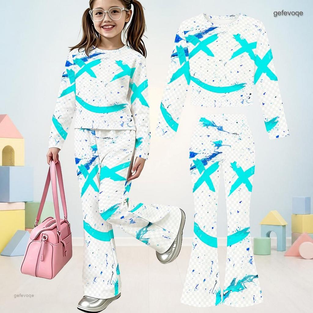 Girls Round Neck Long Sleeve Blue Pink Printed Flared Pants Two Piece Outfit