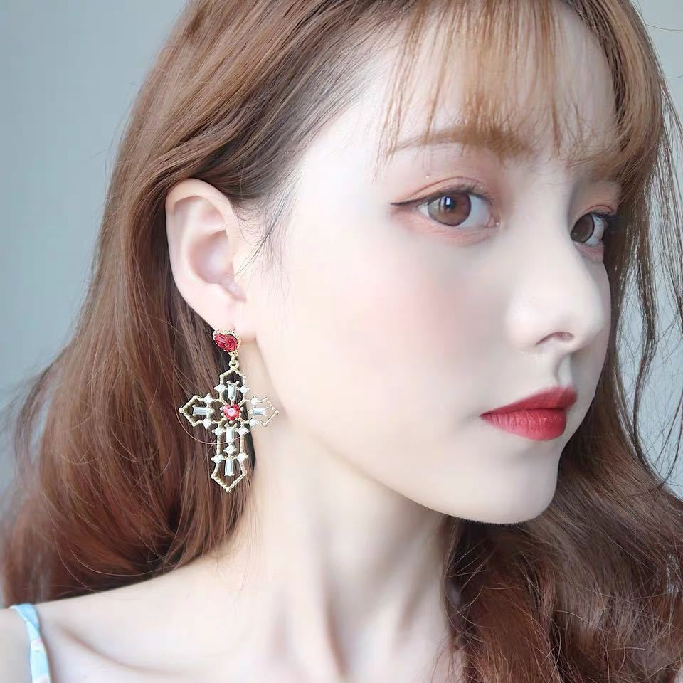 Vintage Red Heart Crystal Earrings For Women Cross Pendant Rhinestone Dangle Earring Jewelry Party Anniversary Gift Pendientes