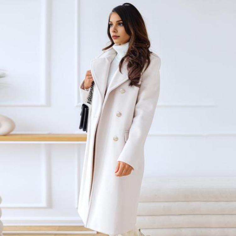 Winter Coat Women Double Breasted Overcoat Thermal Long Sleeves Loose Fit Turn Down Collar Pockets Pure Color Commuting Dating