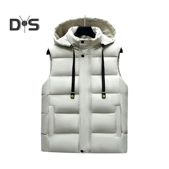 Men Waistcoat Stand Collar Hooded Sleeveless Zipper Placket Down Cotton Vest with Pockets Solid Color Thickened Vest Jacket