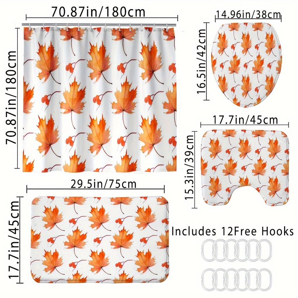 Autumn Leaves Shower Curtain Set With Non-Slip Bath Mats, U-Shaped Toilet Rug, And Toilet Lid Cover - Water-Resistant Polyester