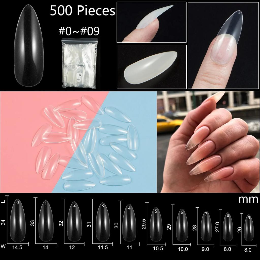 500PCS Natural Transparent Ballerina Almond  Round End Full/Half Ballet Coffin French False Nail Tips Fake Toenail Tip Manicure