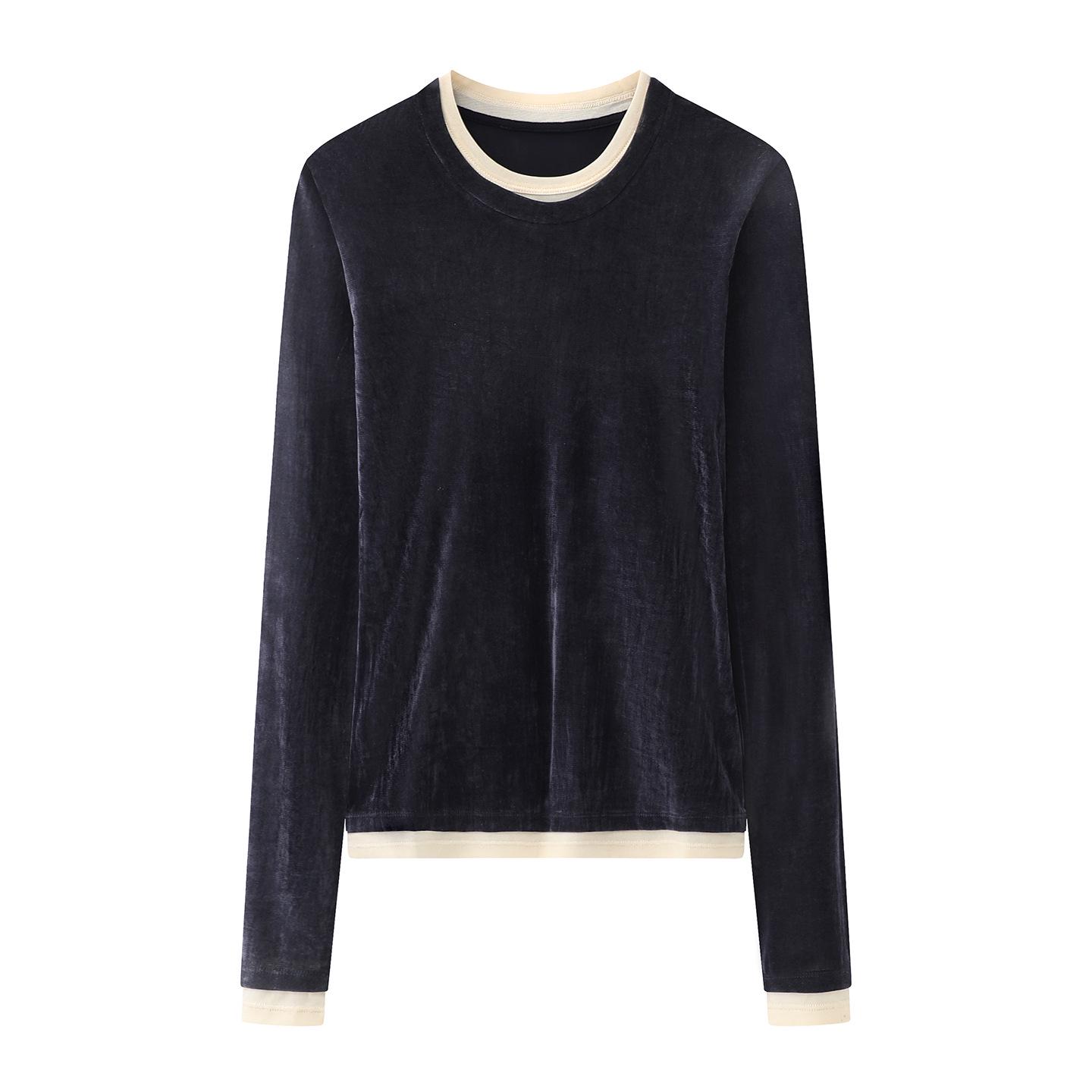 2026 Spring Women s Color Block Patchwork Long Sleeve Slimming Top Medium темно-синий