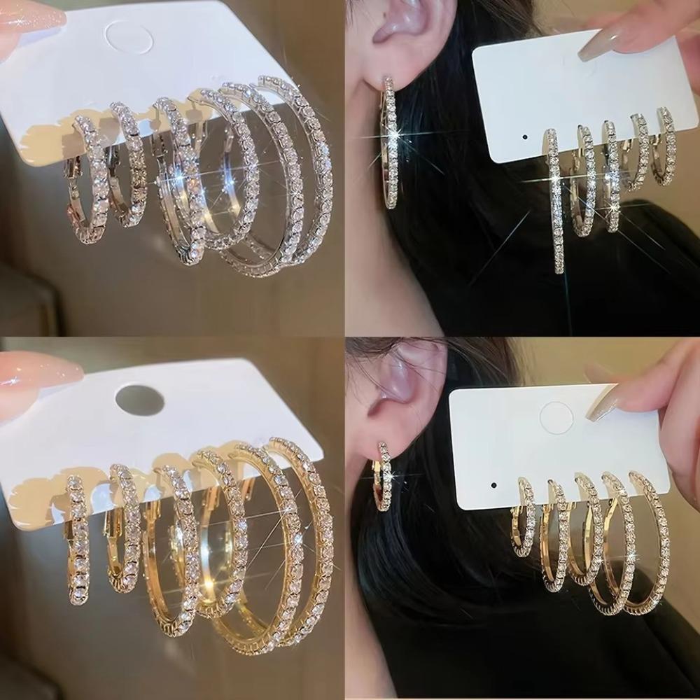 3 Pairs Different Size Crystal Earrings Full Shiny Rhinestone Jewelry Gifts Hoop Earrings  Women