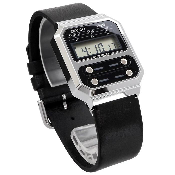 Casio Digital Watch A100WEL-1A Men's Silver & Black Leather Band