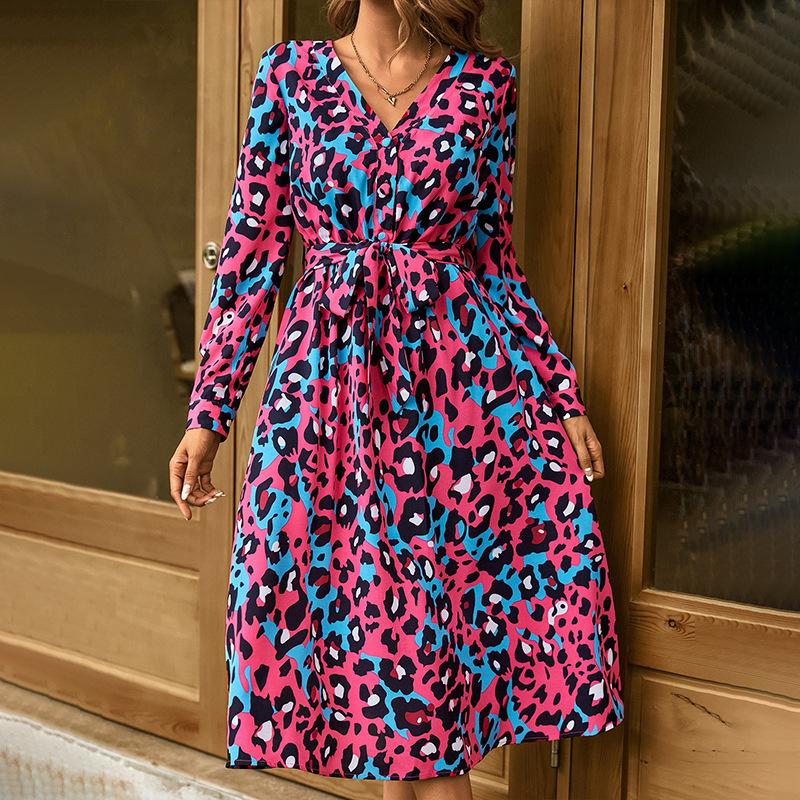European and American new women's dress temperament fashionable V-neck straps long sleeves waist long dress hot sale