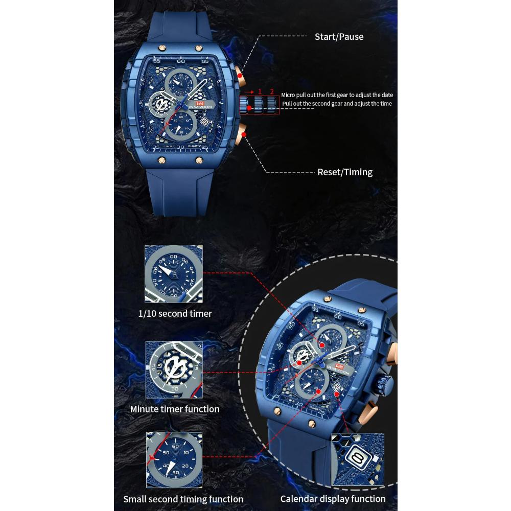 VA VA VOOM Men's Watches Barrel-Shaped Hollow Chronograph Quartz Watch Fashion Silicone Strap Waterproof Sports Luxury Wristwatch for Men