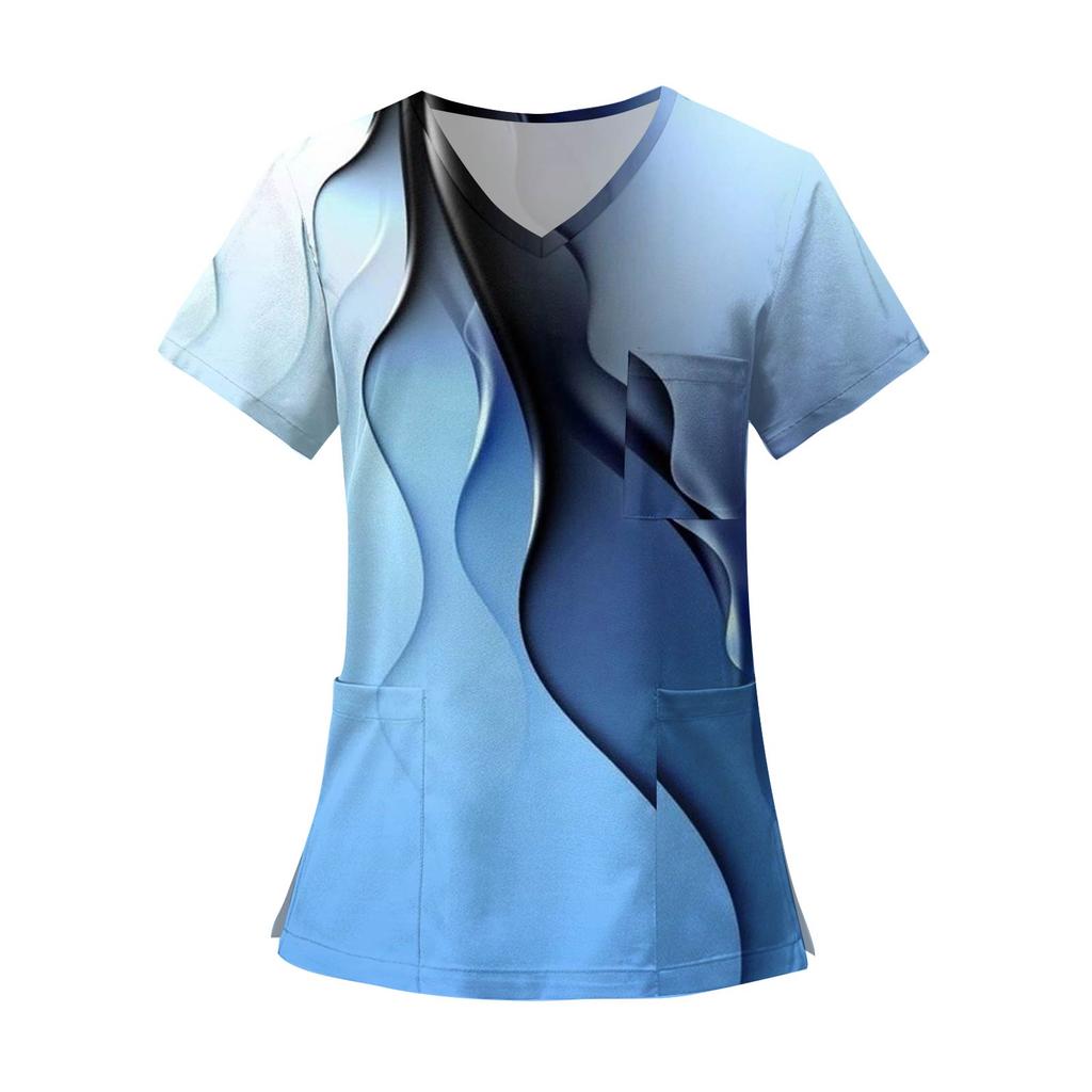 Women's Fashion Printed Short Sleeve V Neck Pattern Tops Pocket Working T-shirts