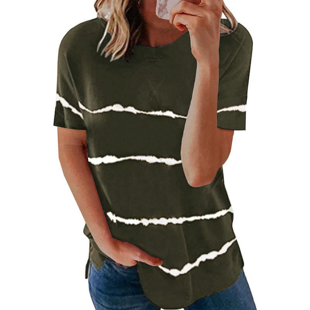 Fashion Women's Loose Short Sleeve T-shirt Round Neck Stripe Print Tops