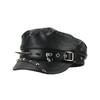 Nieten Baskenmütze Schwarzes Leder Newsboy Cap Kunstleder Schnalle Malerhut Flache Kappe Militärkappe Klassisch Lässig Cool Achteckige Mütze