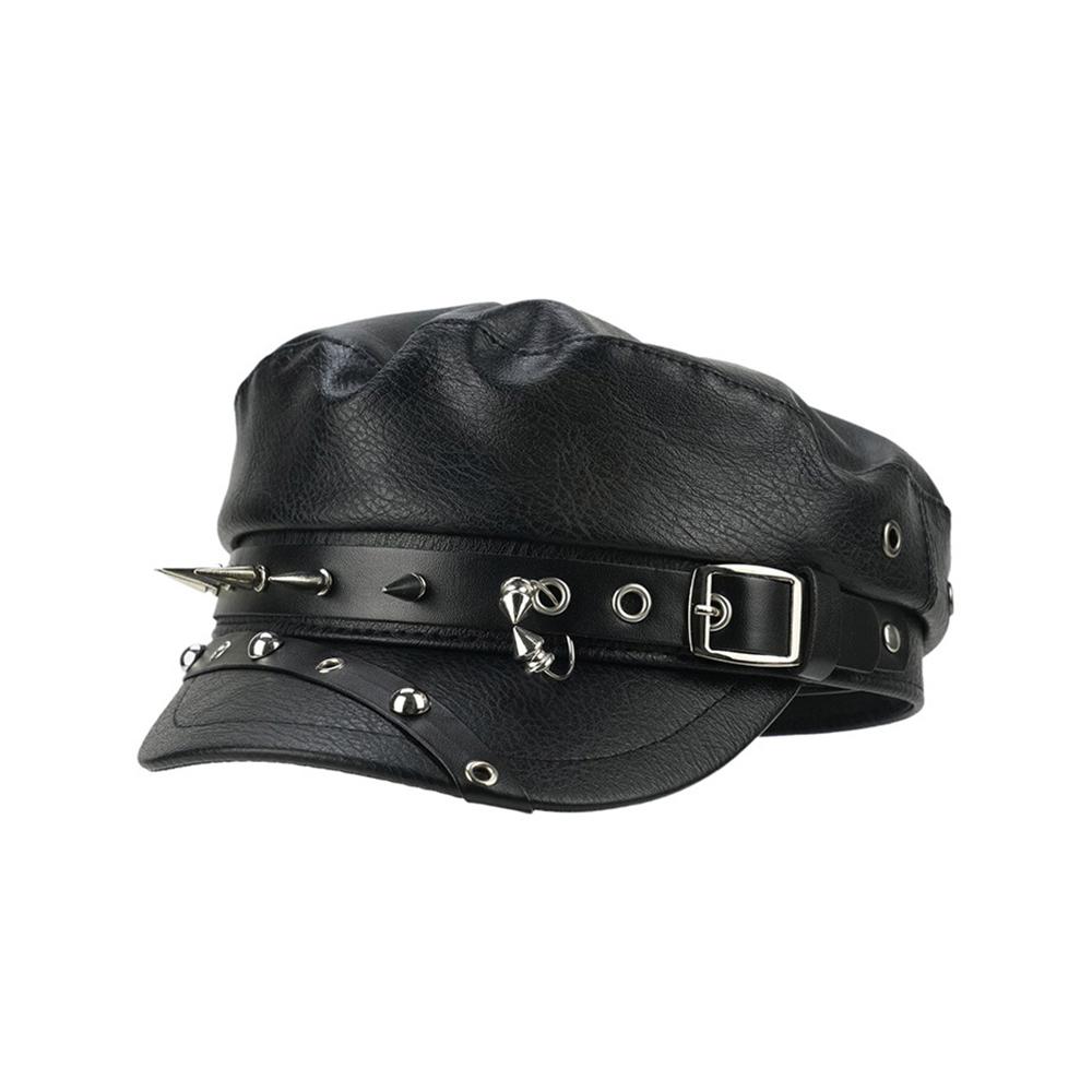 Nieten Baskenmütze Schwarzes Leder Newsboy Cap Kunstleder Schnalle Malerhut Flache Kappe Militärkappe Klassisch Lässig Cool Achteckige Mütze