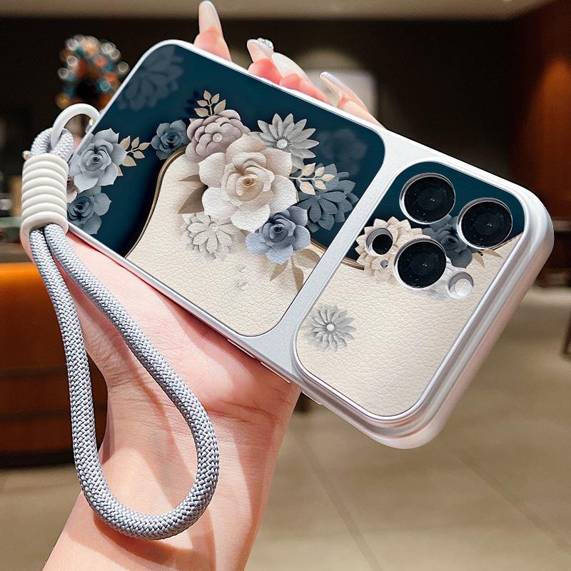 Romantic Rose Flower Pattern Leather Lanyard Case For iPhone 18 Pro Max Hybrid TPU+PU Anti-skid Soft Cover For iPhone 17 16 15 14 13 Pro Max