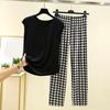 Ladies' Casual And Comfortable Round Neck Solid Color Top With Checkered Printed Pants Plus Size Set