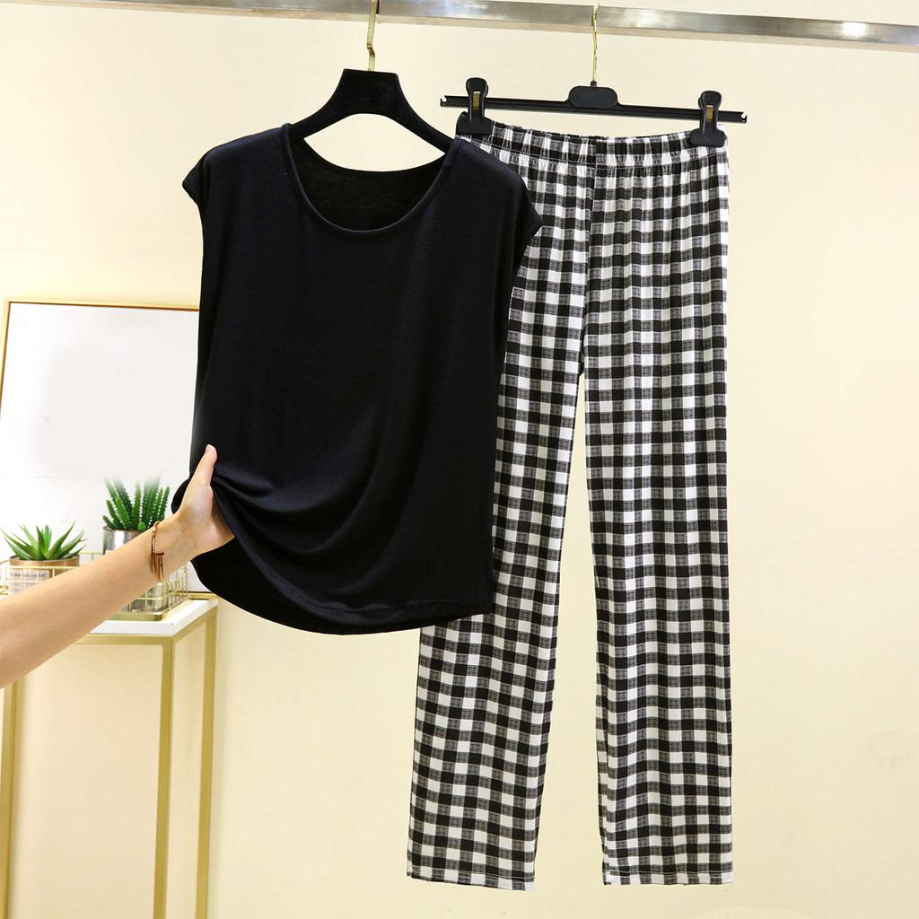 Ladies' Casual And Comfortable Round Neck Solid Color Top With Checkered Printed Pants Plus Size Set