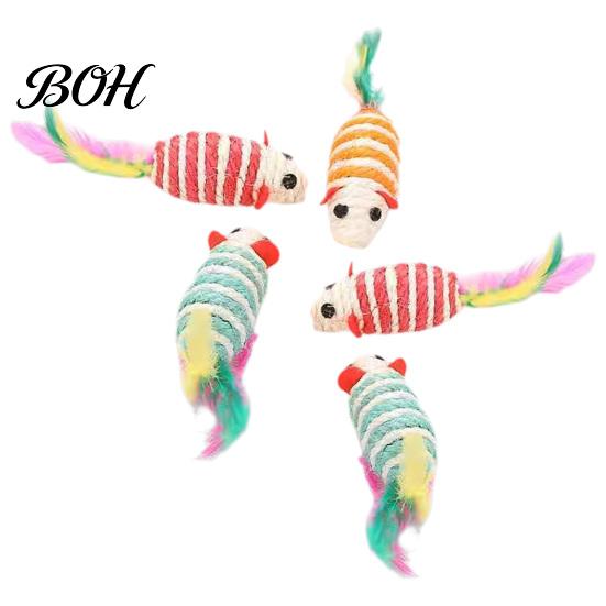 Indoor Cat Hunting Stimulation Colorful Mouse Toys, Jute Rope Chew Feather Mice Natural Kitten Toys Teeth Cleaning for Cats Exercise And Oral