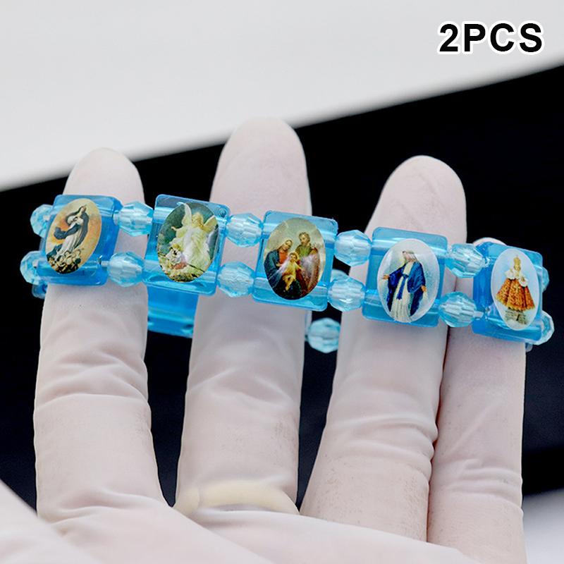 2Pcs Vintage Jesus And Virgin Mary Pvc Rosary Bead Bracelet With Elastic Band Religious Image Stickers For Daily Wear Parties