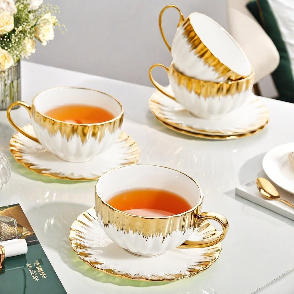 Coffee Cups and Saucers  Light Luxury Home British Afternoon Tea Set Gold Rimmed Ceramic Tea Cups  High Appearance Level  Exquisite Cup and Saucer Set