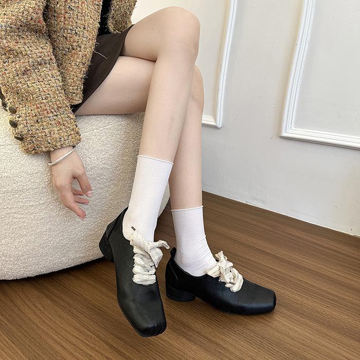 Cowhide Version~ Retro Literary Square Head Small Leather Shoes High Sense Thick Heel Front Lace-up Outside Wear Temperament Leather Single Shoes Wome